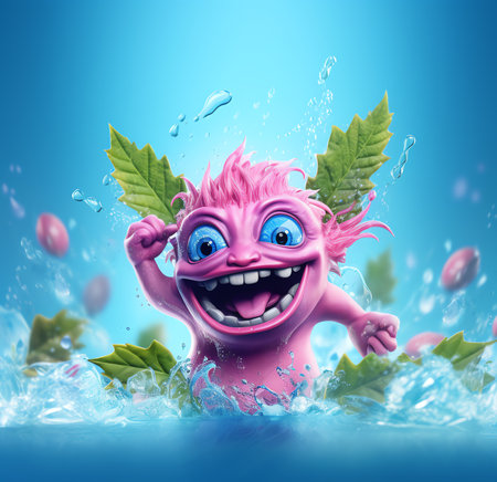 Cool soft drink ad with ice cubes and splashing juice in 3d illustration, green leaves and ice caveの素材