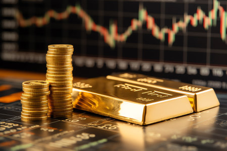 Concept of gold bond showing with Gold bars and Bod paper with Stock Market Graphs or charts in backの素材