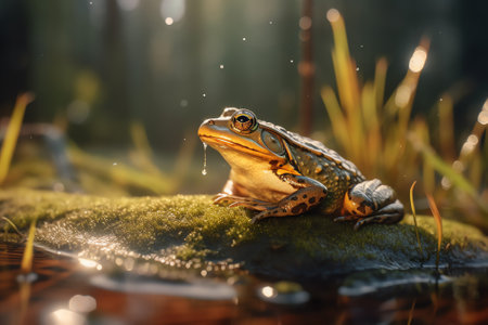 European common frog (rana temporaria) portrait with a leaf on his backの素材