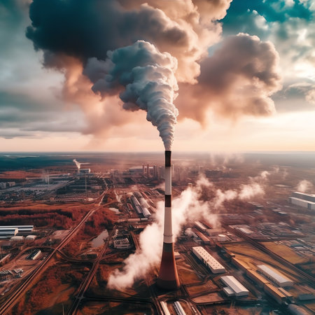 Pollution from smoke stack at a factory productionの素材