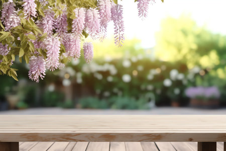Front view of lilac flowers bouquet in ceramic vase on wooden garden table against blurred outdoor tの素材