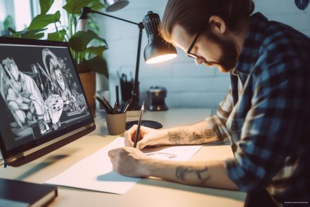 Young cute Graphic designer using graphics tablet to do his work at deskの素材