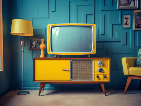 Retro old orange TV receiver on table front gradient aquamarine wall background. Vintage style filteの素材