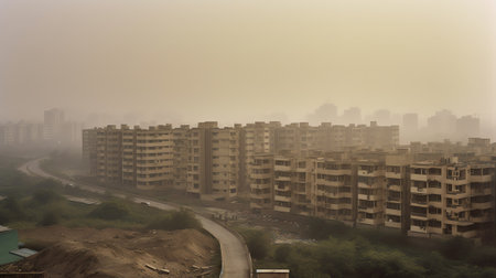 Air pollution over houses and apartment in the Indian city of Gurgaon. Poor air quality index leadinの素材