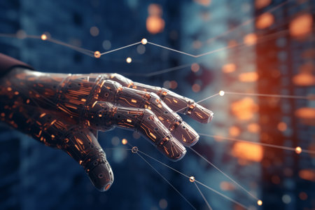 The robot extends its hand to a person against the background of the digital world. Global network.の素材