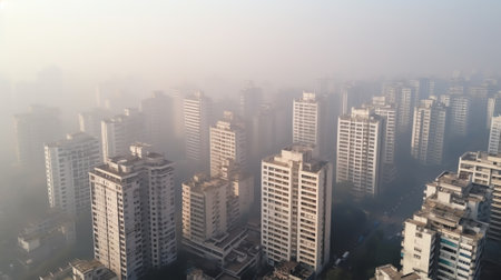 Smoke from chimney. Smog in the city above the apartment building. Problem of air quality. Pollutionの素材