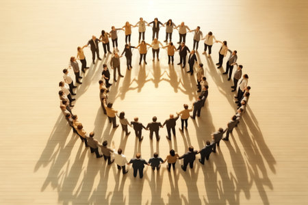 One single line drawing group of young happy business people unite their hands together to form a ciの素材