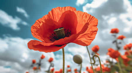 Corn poppy (Papaver rhoeas) with vibrant red flowers on a meadow under a sunny blue sky, copy space,の素材
