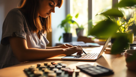 Close up woman doing finance at home office with calculate expensesの素材