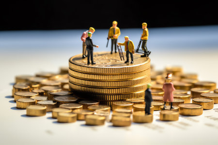 Gold investment. Successful investor or trader standing on stack of gold bar bullion. Employee makin