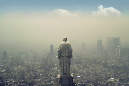 Statue of a man in a foggy city. Conceptual imageの素材