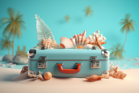 Travel.Vacation money saving concept,piggy bank beach vacation.Miniature luggage and bundles of hundの素材
