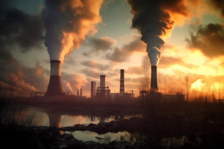 Factory pipe polluting air against sunset, environmental problems, smoke from chimneysの素材