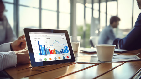 Business Analytics on a wooden Desk with a Tablet PC and a Laptop.の素材
