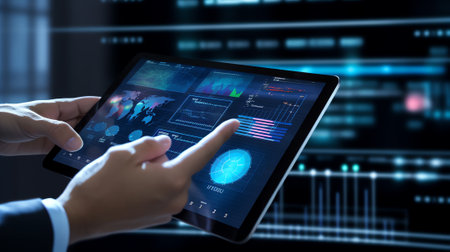 Woman Touching Screen Electronic Tablet Hand.Project Managers Researching Process.Business Team Workの素材