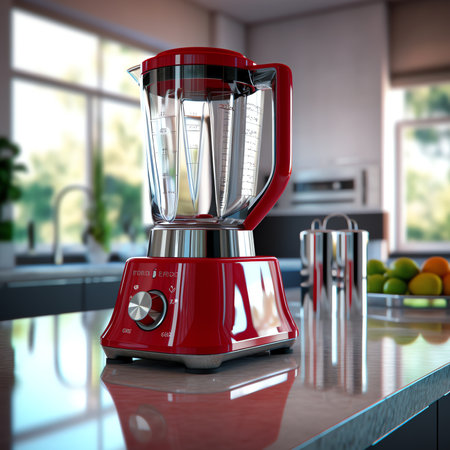 Smoothie maker ad template. Household appliance mock-up full of fresh sliced fruits and ice on woodeの素材