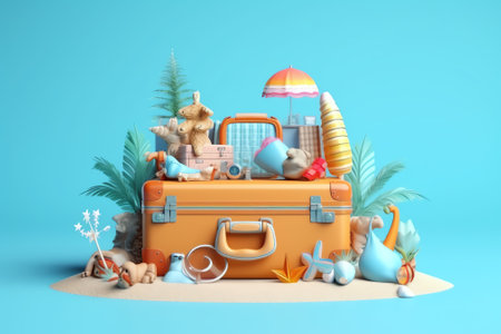 Travel.Vacation money saving concept,piggy bank beach vacation.Miniature luggage and bundles of hundの素材