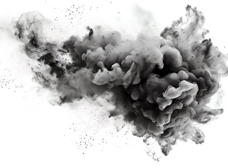 Black particles of charcoal splash on white background, air pollutionの素材