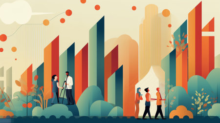 Characters hold growing statistics arrow. Business growth or effective startup strategy concept, comの素材