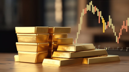 Gold investment. Successful investor or trader standing on stack of gold bar bullion. Employee makinの素材