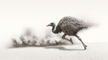 Ostrich walking past a huge crowd of animals in Ozonjuitji m'Bari, a waterhole in Etosha National Paの素材