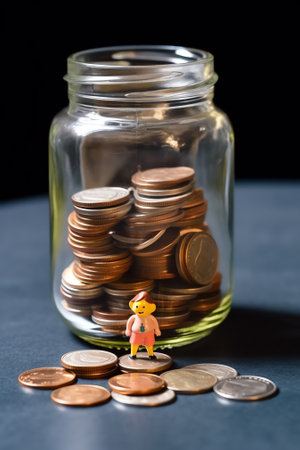 Glass jar with coins and the word pension on a label. Saving money, annuity insurance and retirementの素材