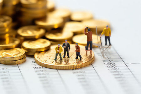 Financial business, analytics, banking and accounting concept: pie chart, bar graph, golden coins anの素材