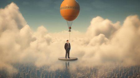 Businessman flying on a hot air balloon over the clouds. 3D Renderingの素材