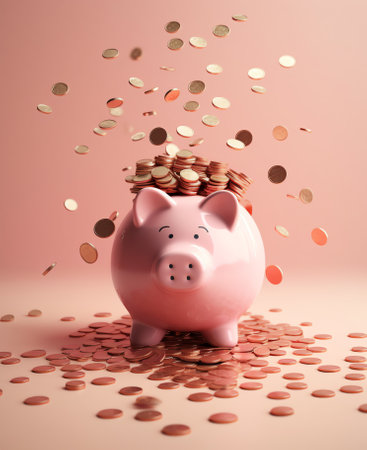 Save money and investment concept. Piggy bank and silver coins falling. 3d rendering illustrationの素材