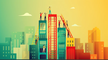 Business mentor helps to improve career and holding stairs steps vector illustration. Mentorship, upの素材