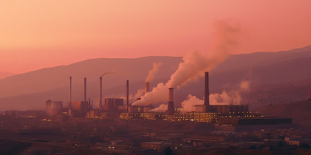 Sunset over the industrial city.Factory chimneys smoke.Environmental problem of environmental and atの素材