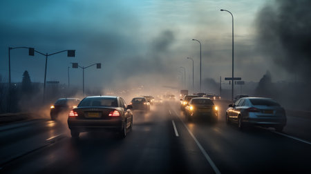 air pollution crisis in city from diesel vehicle exhaust pipe on roadの素材