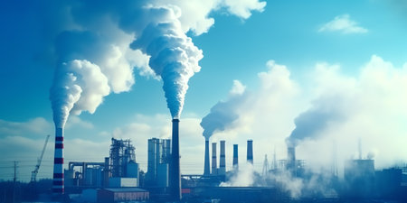 Smoke from the heating station.  Pollution and environment as a worldwide problem. Winter cityscapeの素材
