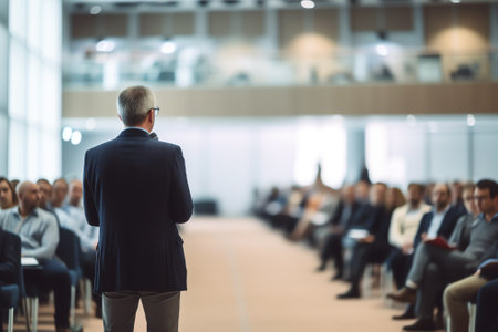 Male speaker giving a talk in conference hall at business event. Audience at the conference hall. Buの素材