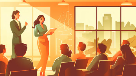 Leader businessman coaching at whiteboard, teaching group of corporate partners in auditorium vectorの素材