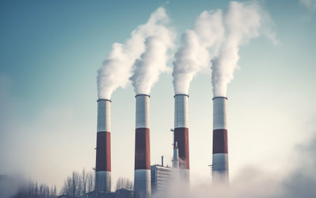 Power plant smokestacks emitting smoke over urban cityscapeの素材
