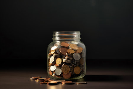 Glass bank with many world coins and budget word or label on saving money jarの素材