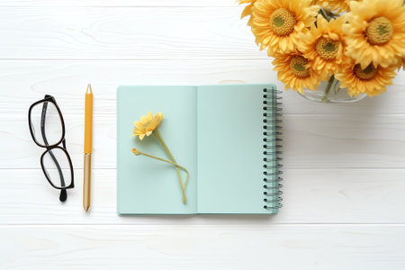 Notebook with inscription, glasses, wood house and money on grey background, top viewの素材