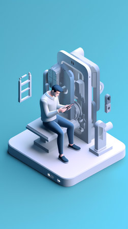 Conceptual template with man standing at control panel and cubes with letters on giant smartphone. Sの素材