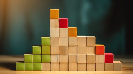 Hand arranging wood block stacking as step stair on wooden table. Business concept for growth succesの素材