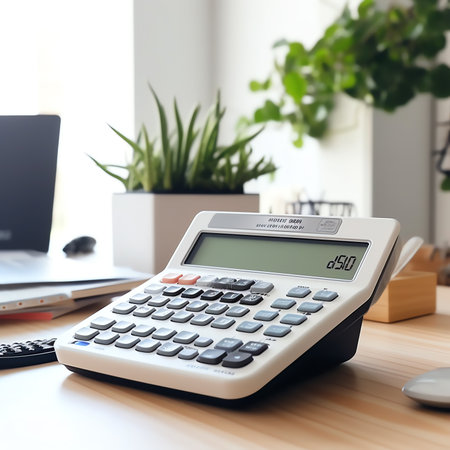 Calculator with text Budget Plan. Calculator, currency, book, bills and computer keyboard on woodenの素材