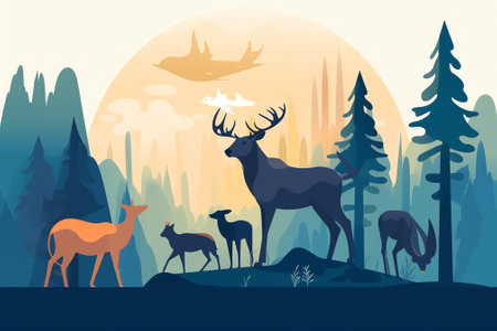 Ecosystem, biodiversity concept. Different forest habitats, carnivore animals, birds in wild environの素材