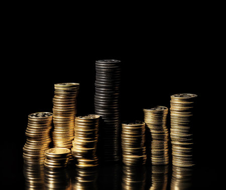 Concept idea Time of money.Stack of coins and a clock hands. Money is a major factor in the currentの素材