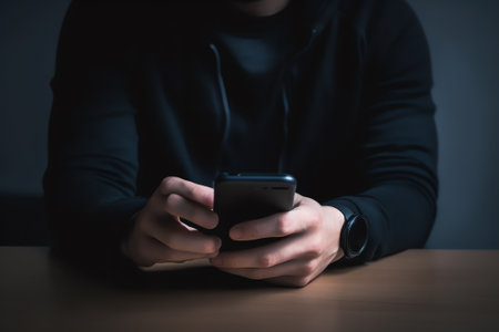 Close up of a man using mobile smart phoneの素材