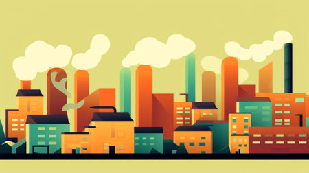Smoke from industrial chimneys in the air. Factory. City background. Simple modern cityscape design.の素材