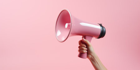 Digital marketing. Hand holding megaphone coming out from laptop. Business analysis, content strategの素材