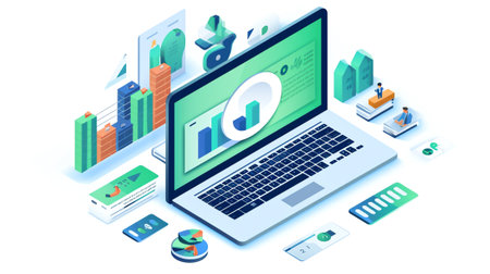 Concept with laptop computer, charts diagrams, graphs and place for text. Tools for data analysis, sの素材