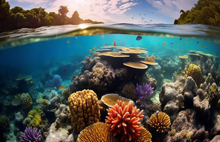 A shallow, healthy coral reef thrives near limestone islands in Misool, Raja Ampat, Indonesia. Thisの素材