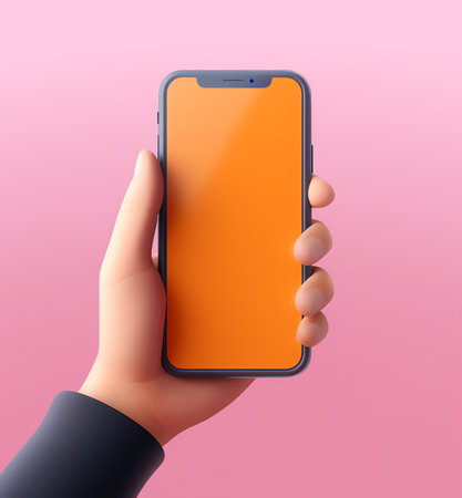 Cute cartoon hand holding mobile smart phone. Modern mockup. Vector illustrationの素材