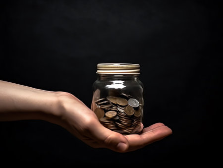 Budget. Glass jar with coins and an inscription budget. Man holds  coin in his handの素材